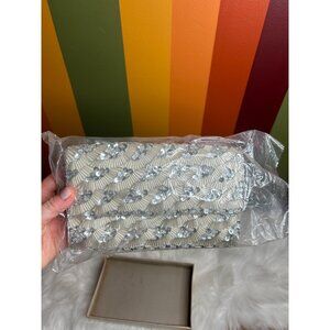 La regale white silver beaded small purse bag clutch fancy- STAINED inside